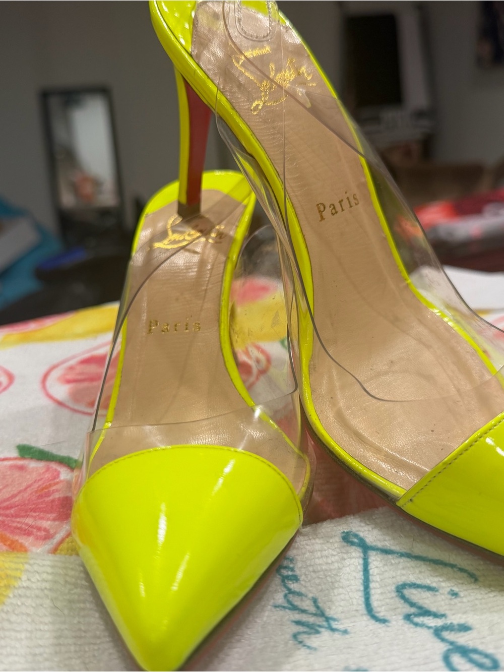 Christian Louboutin Neon Yellow Clear PVC Pointed-Toe Stilettos